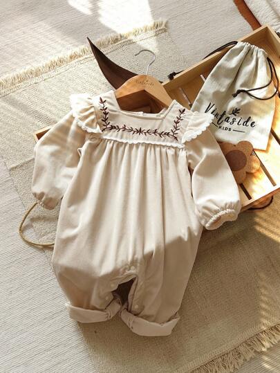 SHEIN 女婴梭织圆领刺绣花卉荷叶边长袖连体衣，秋冬