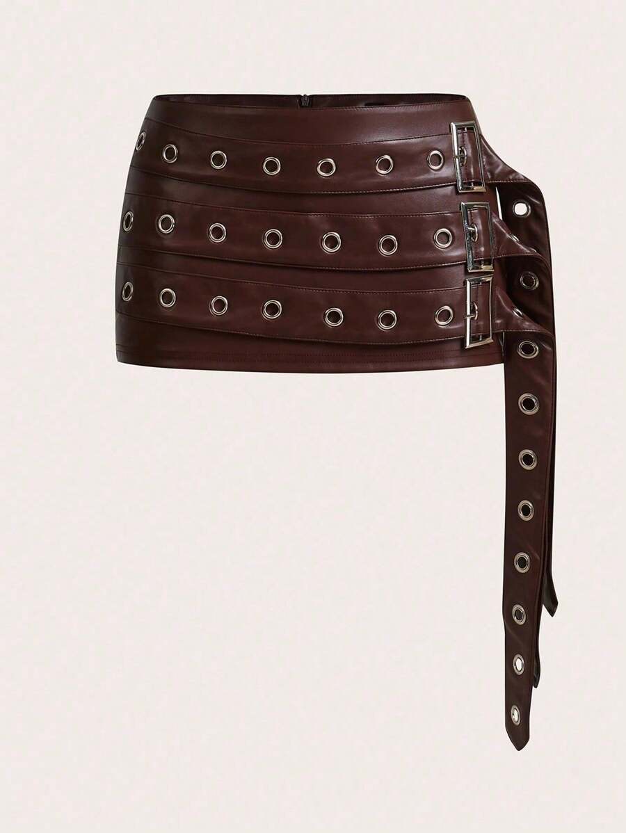 SHEIN ICON 紧身 PU 吊带装饰超低腰迷你裙 - 棕色 - 查看 1