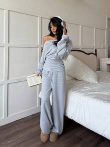 SHEIN EZwear 女士休闲不对称领上衣和裤子两件套，灰色 - 灰色 - 查看 1