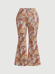 SHEIN MOD Plus Floral Print Flare Leg Pants - Multicolor - View 1