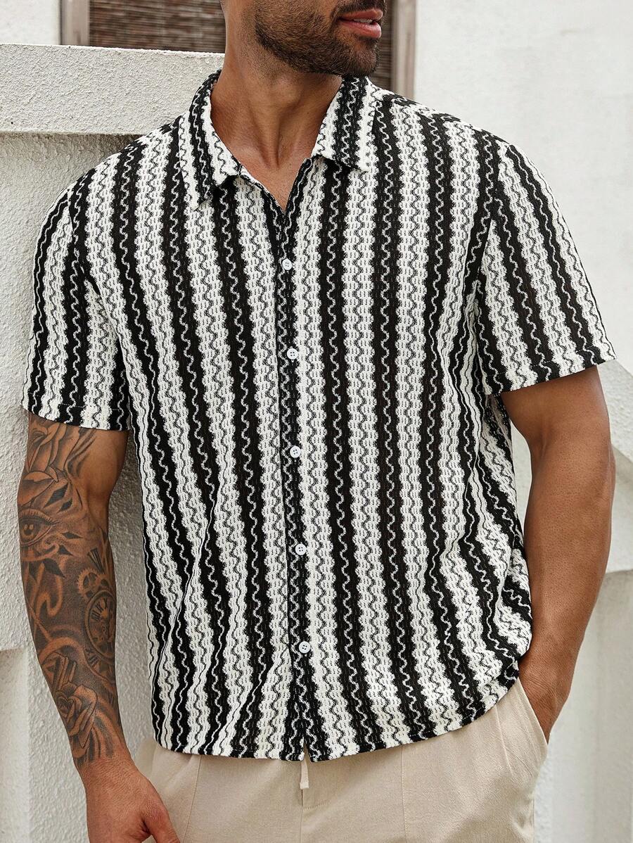 ResortEase Plus Size Men's Loose Casual Colorblock Button-Up Short Sleeve Shirt, Summer