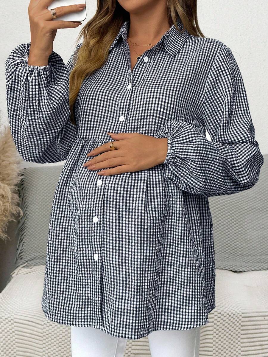 SHEIN Maternity Plaid Lantern Sleeve Single-Breasted Casual Shirt