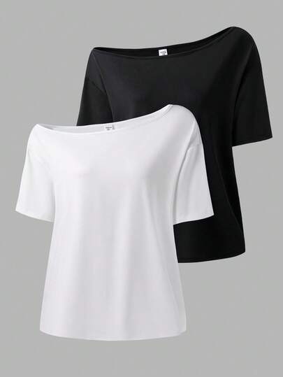 SHEIN 2pcs Teen Girls' Casual Solid Color Minimalist Asymmetric Shoulder Short Sleeve T-Shirt