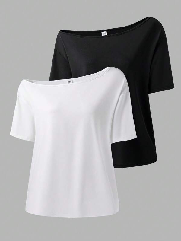 SHEIN 2pcs Teen Girls' Casual Solid Color Minimalist Asymmetric Shoulder Short Sleeve T-Shirt