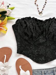 Soleia 女士度假黑色性感腰部提花荷叶边修身短款上衣，适合派对、约会、情人节、下午茶 - 黑色 - 查看 6