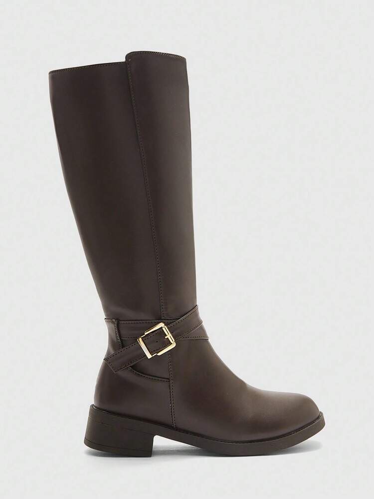 CUCCOO BIZCHIC Women's Round Toe Thick Sole Coffee Color Side Zipper Knee-High Boots, Casual Commute Versatile Flat Tall Boots For Christmas Spring Shoes