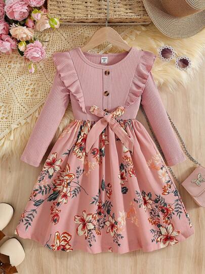 Elladie kids Chica Joven Vestido con cinturón con estampado floral ribete con fruncido