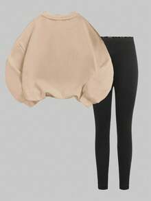 SHEIN Leap Crew 圣诞豹纹、苏格兰格子、姜饼人、圣诞树、圣诞快乐图案少女 2 件套服装套装、休闲长袖连帽衫和裤子，适合秋冬季 - 米色 - 查看 2