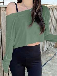 EURMUSE Tricou cu mânecă lungă, casual, versatil, cu guler asimetric, culoare solidă - Menta verde - Vizualizare 5