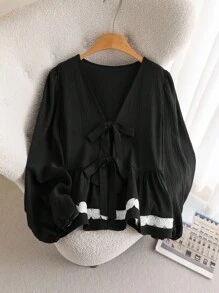 CosyJoli Áo len cardigan cổ chữ V tay dài phối ren chắp vá cỡ lớn, viền bèo nhún, thường ngày - màu đen - Xem 5
