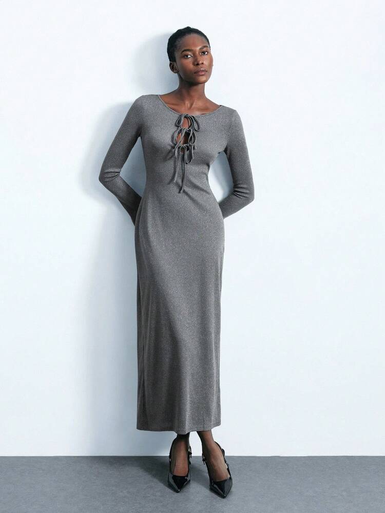 SHEIN Maija Women's Solid Color Front Tie Long Sleeve Dress Fall Clothes For Women  Halloween Clothes Women  Formal Dresses For Wedding Guest Modest Dresses Elegant Dresses For Party  Gray Dress