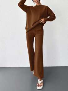 SHEIN Cottnline Women's Solid Color Round Neck Drop Shoulder Sweater And Knitted Straight Pants 2pcs/Set - Rust Brown - View 3