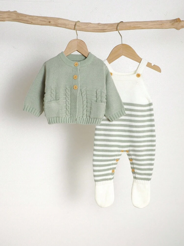 2 Peças Conjunto de Suéter Verde para Recém-Nascido: Cardigã de Manga Longa com Gola Redonda e Bolsos + Macacão Listrado com Suspensório - Verde - Visão 3