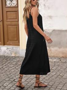 Brillora 純色編織細肩帶紋理面料中長款連衣裙，適合度假穿著 - 黑色 - 查看 2