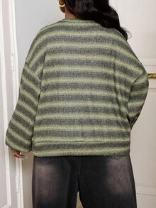 SHEIN PETITE CURVE Plus Size Plus Size Crew Neck Striped Jumper Casual Y2k 90's Stripe Plus Size Airport Outfits Petite Curve Sweater Striped Sweater Green Striped Sweater In Fall/Winter