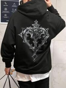 PAVTROS Sudadera con capucha para hombres, tono negro con impresión floral gótica y corazón en la parte delantera y trasera, diseño elegante y personalizado, se adapta a varios tipos de Body, para uso diario - Negro - Ver 6