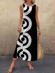 EMERY ROSE Plus Size Music Festival Geometric Print Round Neck Loose Long Dress With Thick Straps, Suitable For Spring/Summer Holidays Chic Dress - Multicolor - View 4