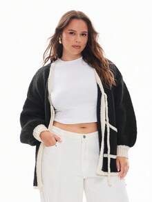 Solavibe Plus Size Casual Colorblock Drawstring Cardigan Sweater - Black - View 3
