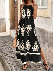 Brillora Vestido de verano casual con escote halter, flecos y abertura alta en la espalda