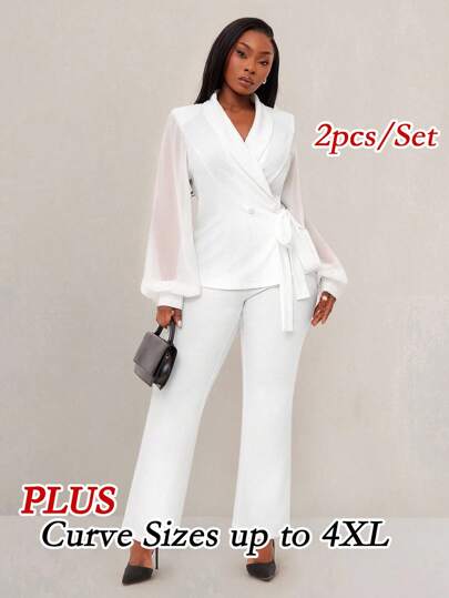 SHEIN SXY 大码女式秋冬、春夏优雅透明灯笼羊腿袖西装外套，配腰带和直筒裤，适合办公室穿着