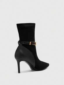 CUCCOO BIZCHIC 极简细跟踝靴，金属搭扣设计，优雅拼接高跟踝靴 - 黑色 - 查看 8