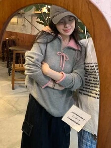 DAZY 女士撞色韩版休闲长袖毛衣，秋冬 - 灰色 - 查看 9