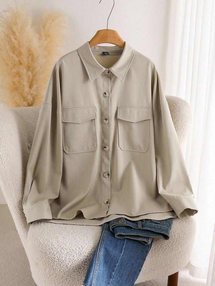 CosyJoli Plus Size Women's Solid Color Drop Shoulder Long Sleeve Single-Breasted Casual Utility Pocket Jacket Winter Fall Autumn - Apricot - View 1