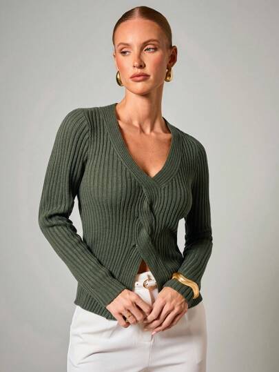 COSMINA Women's Casual Commuter Solid Color Twist Knit Top,Fall Clothes For Women