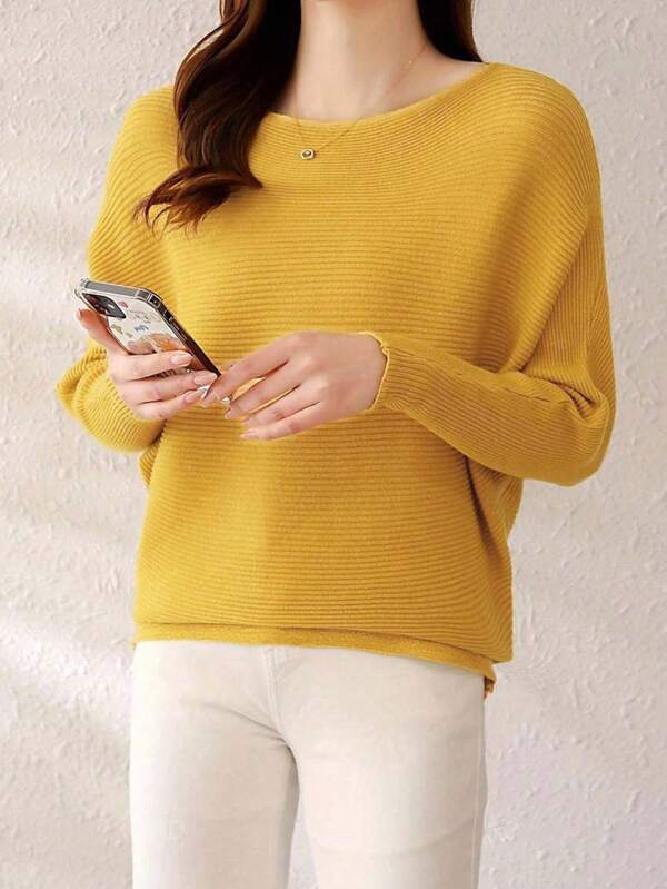 EMERY ROSE 纯色蝙蝠袖罗纹针织船领毛衣，长袖上衣