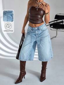 CasuGlow Cowgirl Outfit Women's Low Waist Y2K Pockets Wide Leg Loose Bermuda Denim Shorts Rave Outfits Women Summer Clothing - Blue - View 1