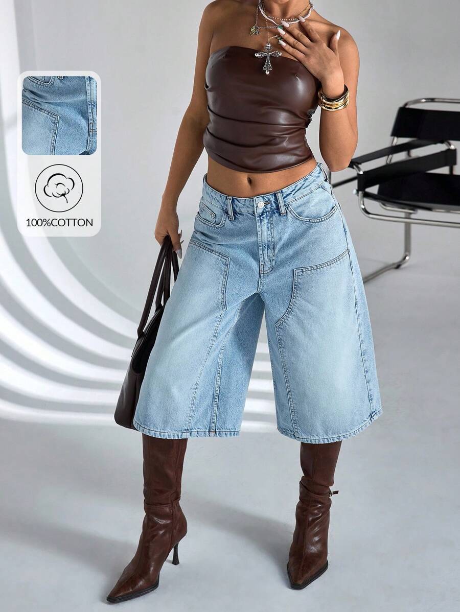 CasuGlow Cowgirl Outfit Women's Low Waist Y2K Pockets Wide Leg Loose Bermuda Denim Shorts Rave Outfits Women Summer Clothing - Blue - View 1