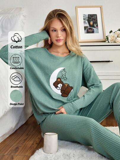 EURMUSE Women 2 Pcs Rib Knit With Bear&Moon Embroidery Detail Long Sleeved Shirt&Pants Homewear Set Pajama Sets For Women Pj Sets For Women Long Sleeve Cute Sleep Wear Women Comfy Pajamas Set