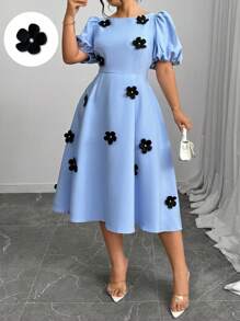 Elenzga Vestido con mangas abullonadas estilo línea A con cinturón y decoración floral 3D elegante para mujer talla grande, encantador para uso diario, citas, ir al trabajo, primavera y verano - Azul - Ver 6