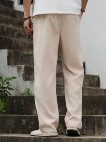 Manfinity Chillmode Men's Casual Pockets Drawstring Corduroy Pants, Old Money Style Men Drawstring Pants Long Pants Men Cream Joggers Men , Fall Winter - Beige - View 2