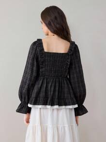ROMWE Avant Women's Mori Kei Vintage Cottagecore Mori Style Plaid Fabric Square Collar Lace Patchwork Bow Puff Sleeve Doll Dress Long Sleeve Blouse