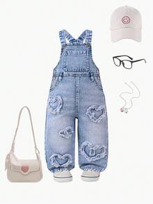 SHEIN Playful Pals Baby Girl Casual Washed Heart Denim Bib Pants - Light Wash - View 5