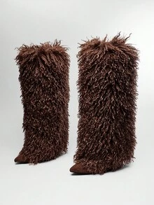 SHUZIA Women Fashion Furry Pointed Toe Skinny Heel Winter Warm Comfortable Mid-Calf Boots - Coffee Brown - View 6