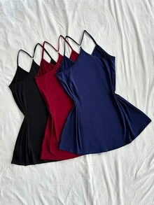 SHEIN 3 قطع مجموعة ثوب نوم حريري بلون أحادي مثير للمقاسات الكبيرة - متعدد الألوان - مشاهدة 2