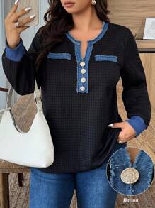 SHEIN PETITE CURVE Sweatshirt Wanita Ukuran Besar Kasual Kancing Depan Warna Kontras Pakaian Musim Gugur untuk Wanita Musim Dingin - Hitam - View 5