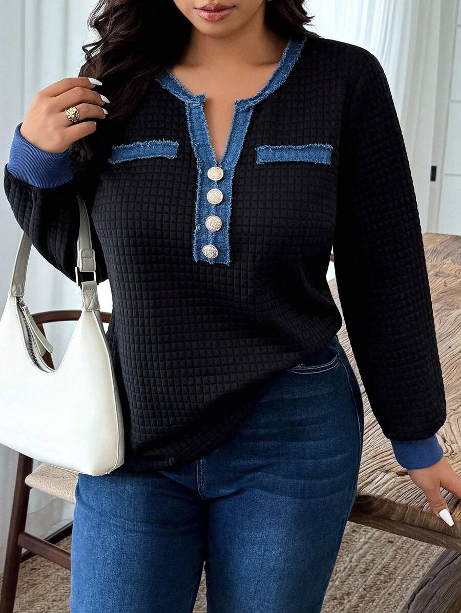 SHEIN PETITE CURVE Sweatshirt Wanita Ukuran Besar Kasual Kancing Depan Warna Kontras Pakaian Musim Gugur untuk Wanita Musim Dingin - Hitam - View 1