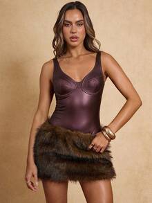 SHEIN BAE Body sans manches en PU de couleur unie pour femmes - Tabac - Voir 3