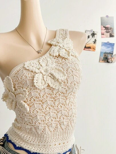 Soleia 新款度假风不对称肩部3D花卉象牙白毛衣，可单穿或叠穿