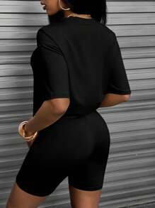 INAWLY Women's Round Neck Short Sleeve Letter Printed Top And Shorts Set - Black - View 2