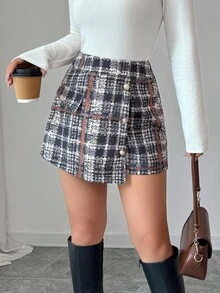 Elenzga Women's Metal Button Asymmetric Hem Plaid Shorts Skirt