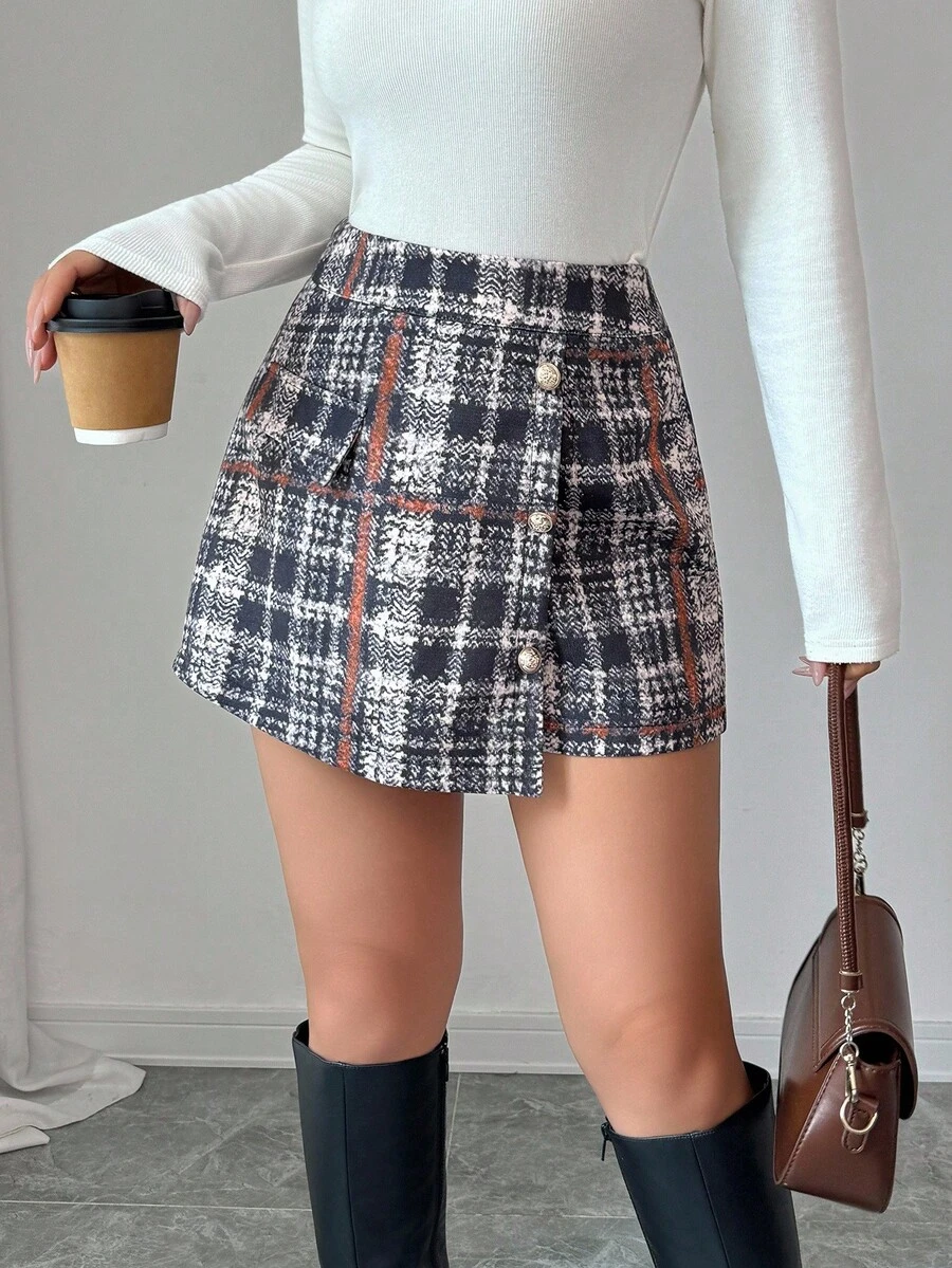 Elenzga Women's Metal Button Asymmetric Hem Plaid Shorts Skirt