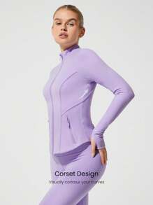 GLOWMODE FeatherFit™ Sculpt It 吸汗弹力紧身胸衣接缝塑形修身夹克带拇指孔拉链保护低冲击瑜伽普拉提 Barre Studio 日常休闲服 - 紫丁香色 - 查看 3