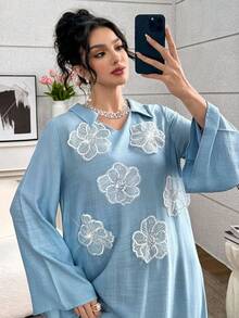 SHEIN Najma 女式宽松长袖蓝色阿拉伯风格串珠花卉连衣裙 - 藍色 - 查看 6