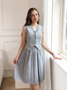 2pcs Asymmetric V-Neck Embroidered Ruffle Hem Sleeveless Tank Top And Solid High Waist Pleated Skirt Set, Suitable For Elegant Young Women - Blue - View 3