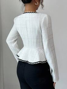 Elenzga Women's White Ellegant Office Tweed Texture Top,Autumn Long Sleeve Ruffle Collar Open Front Faux Pearl Button Waist Tie Belt Design 3D Bow Decor - Apricot - View 2