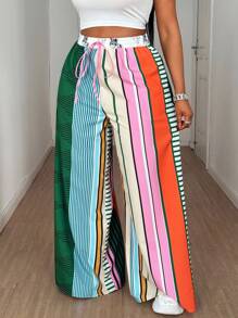 Maweii Thiết kế mới mùa hè 2025 có túi, quần ống rộng rộng rãi họa tiết chắp vá nhiều màu, họa tiết in cổ điển, quần ống rộng thường ngày sáng tạo - Nhiều màu - Xem 1